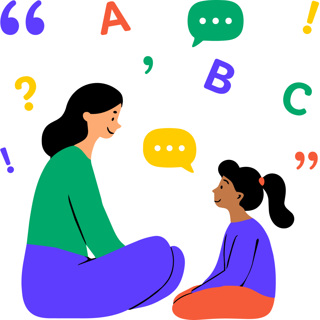 An adult and child sitting facing each other, with speech bubbles and letters floating above them.